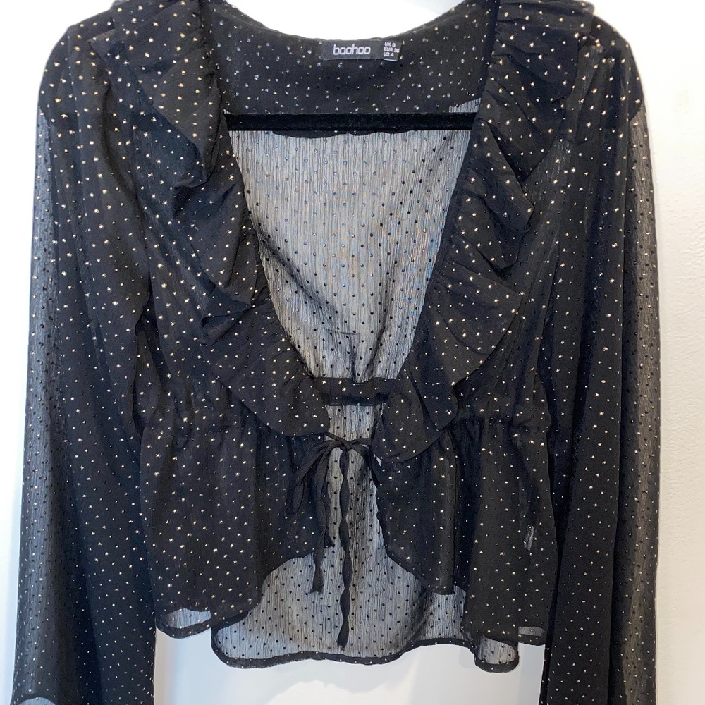 Gold Spot Ruffle Plunge Blouse